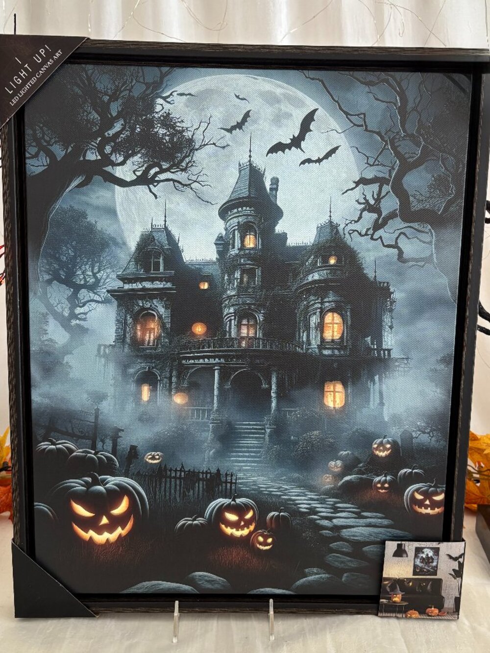 Halloween Spooky Haunted Mansion Jack O Lantern Light-Up Framed Wall Art New 18"